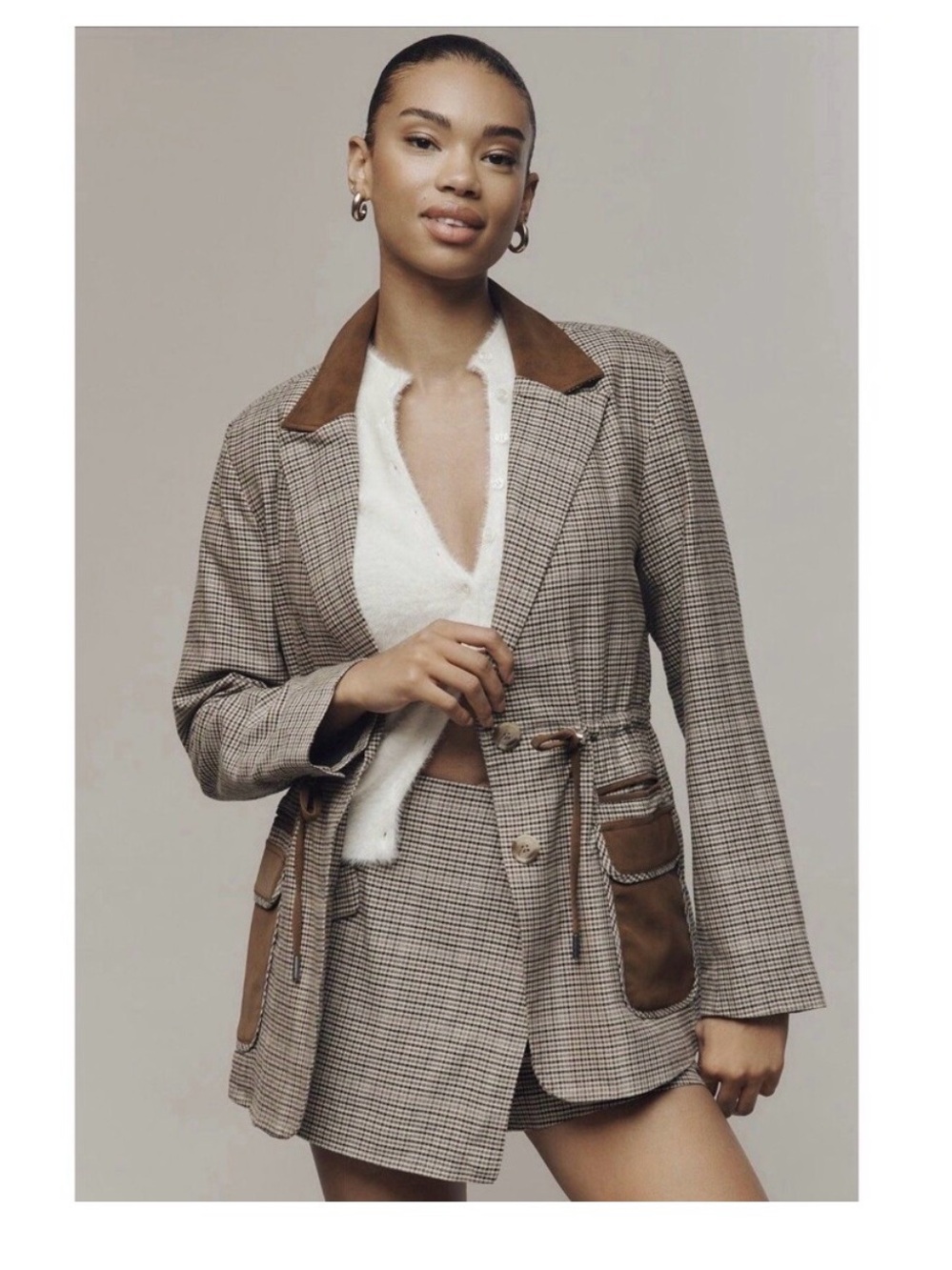 Maeve Brown Plaid Blazer with Suede Trim